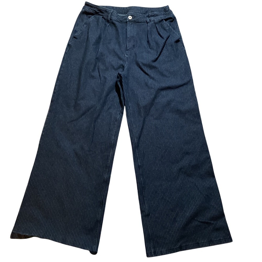 Navy Blue Pinstripe Corduroy Wide Leg Pleated Pants Womens Size Large